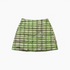 A green and black plaid puffer skirt with a button-up front, laid flat on a light gray background.