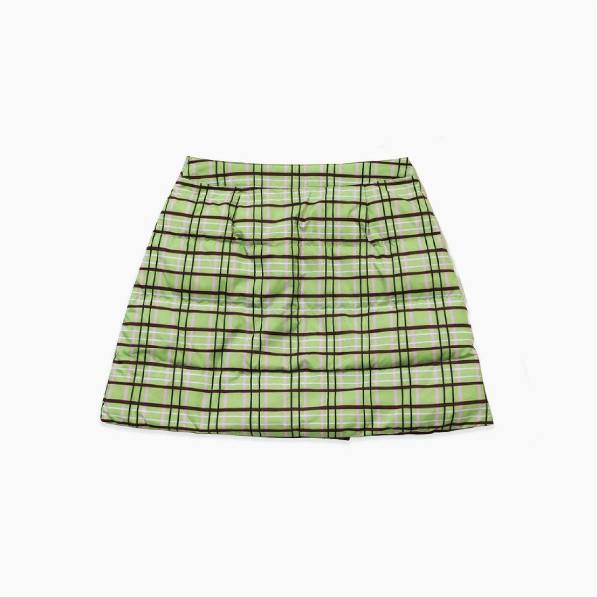 A green and white plaid mini skirt with thin black grid lines, laid flat against a light gray background.