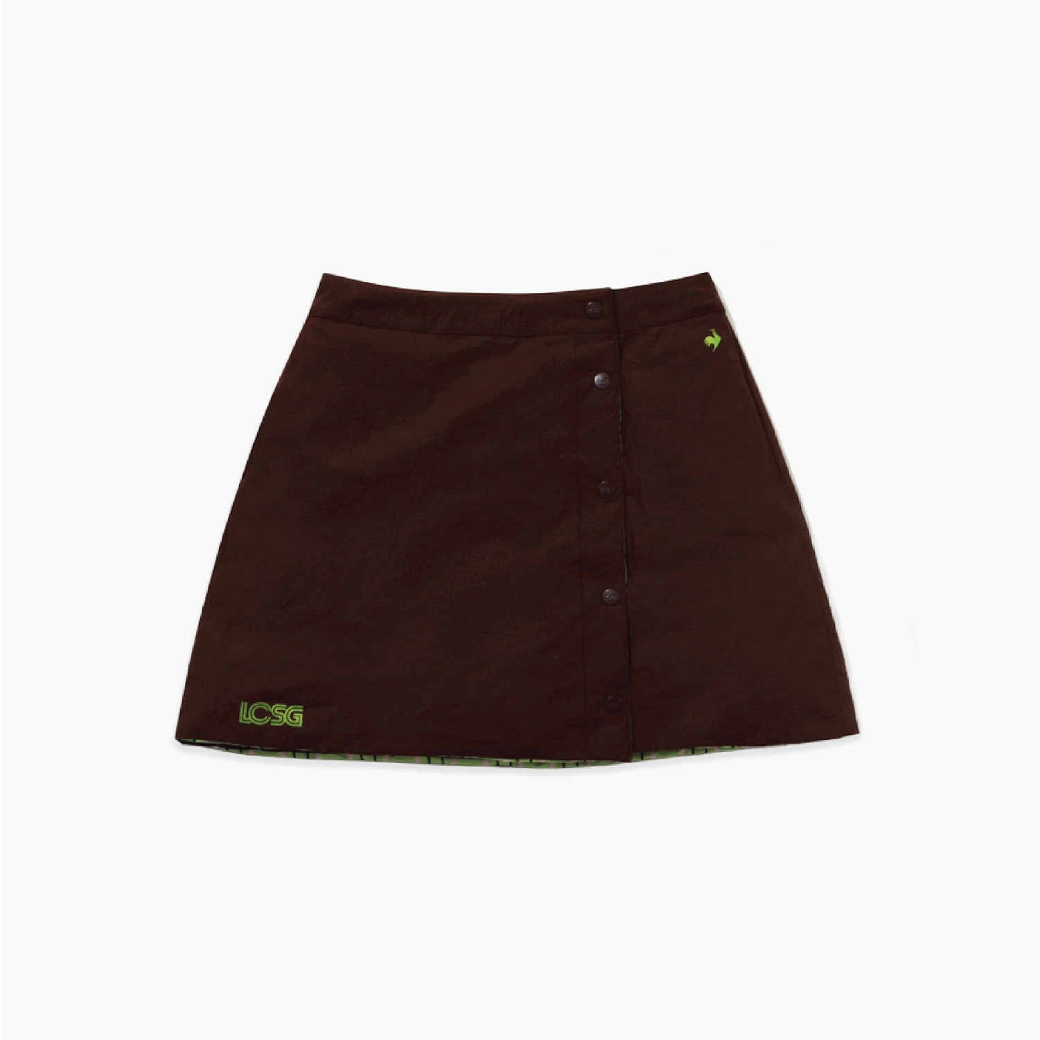 A dark brown A-line mini skirt with a button-down front, featuring a small green embroidered logo on the bottom left and a small green accent on the side, laid flat against a white background.