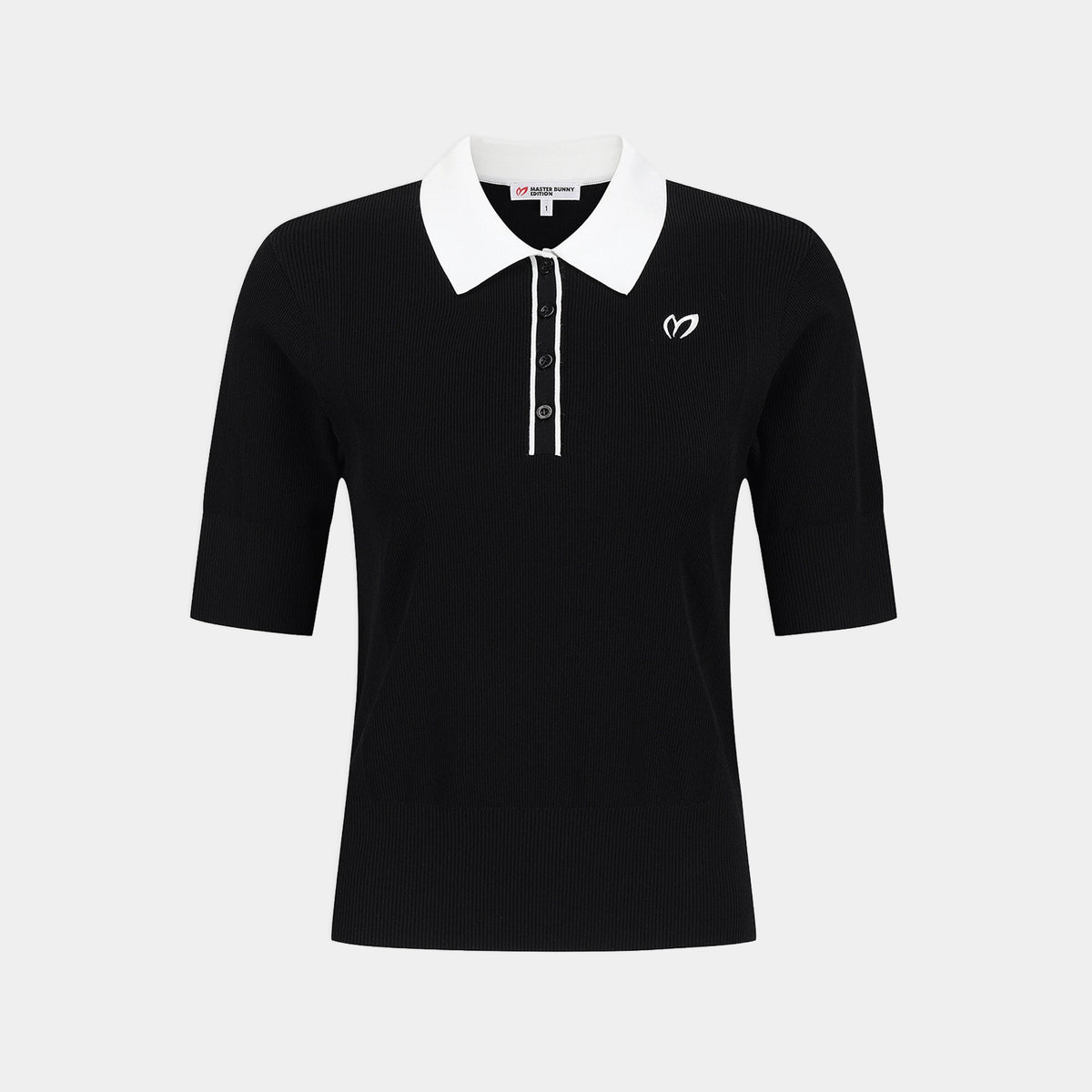 A black short-sleeve polo shirt with a contrasting white collar and white button placket, featuring a small white embroidered logo on the left chest, displayed on a light gray background.