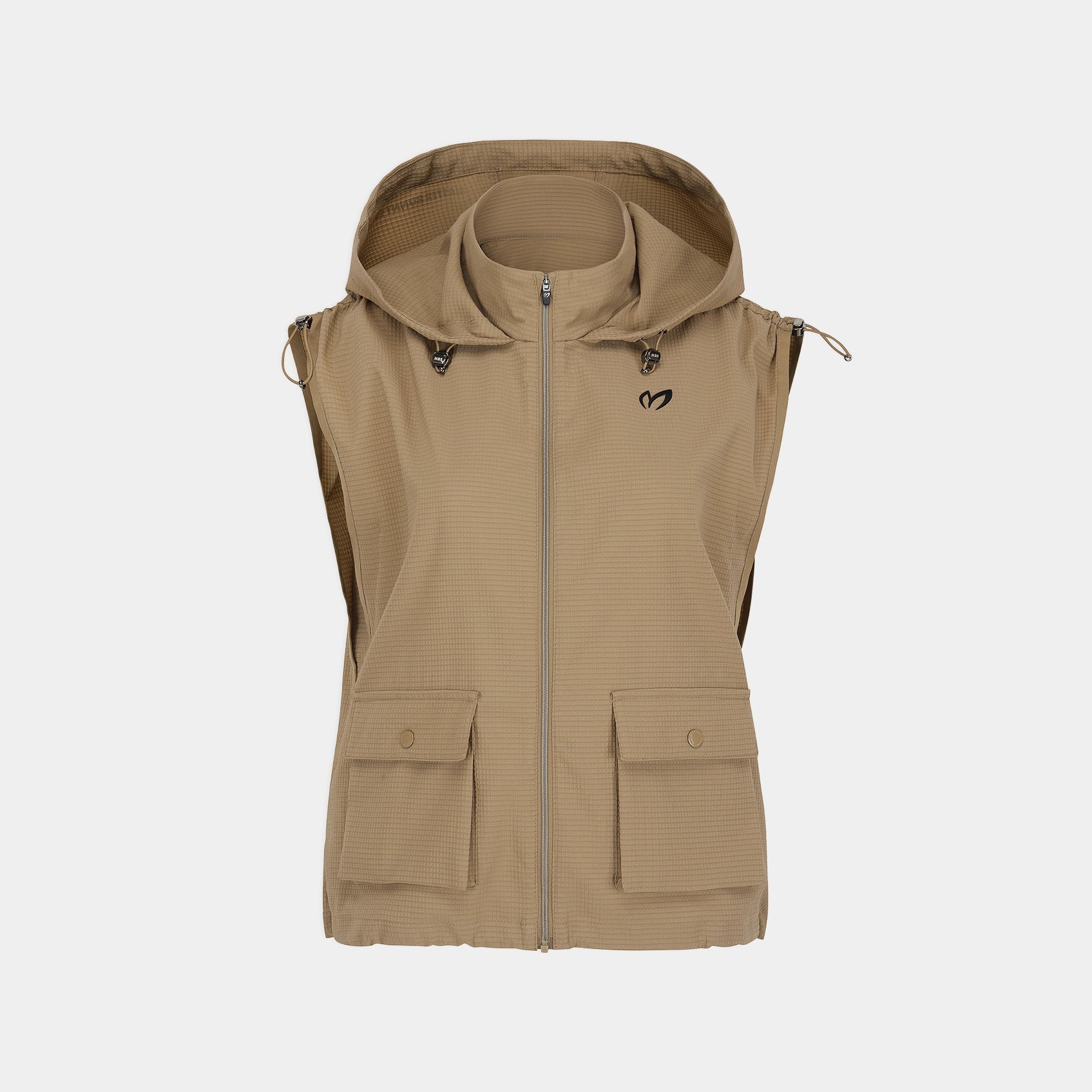 A sleeveless hooded zip-front vest in a warm tan/khaki color, shown flat against a light gray background. The vest features a full front zipper, a hood with drawstrings, and two large front flap pockets.