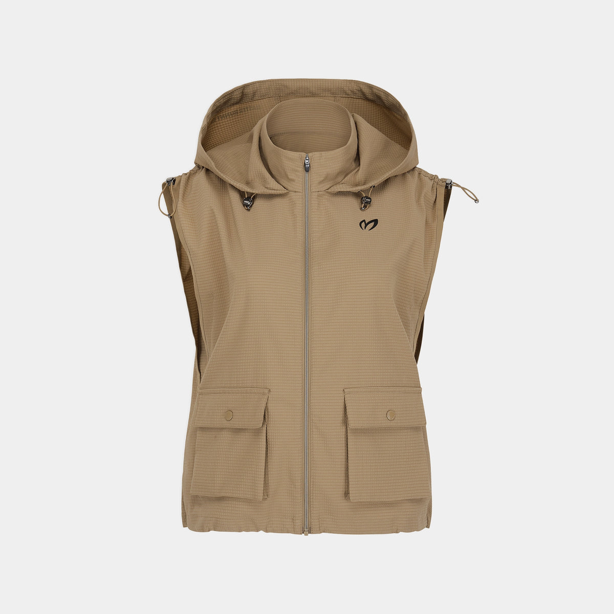 A sleeveless hooded zip-front vest in a warm tan/khaki color, shown flat against a light gray background. The vest features a full front zipper, a hood with drawstrings, and two large front flap pockets.