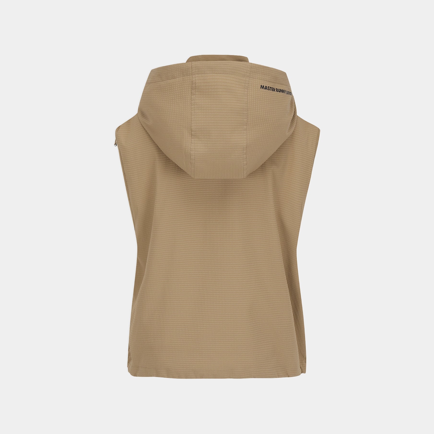 A sleeveless hooded vest in a light tan or khaki color, shown from the back against a plain light gray background. The brand name 'MASTER BUNNY EDITION' is printed in black on the upper back of the hood.