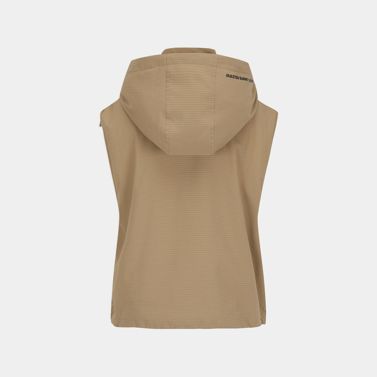 A sleeveless hooded vest in a light tan or khaki color, shown from the back against a plain light gray background. The brand name 'MASTER BUNNY EDITION' is printed in black on the upper back of the hood.
