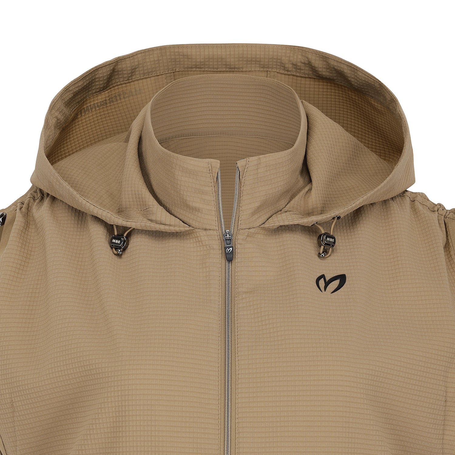 Close-up of a hooded jacket in a warm tan/khaki color, featuring a full-zip front, a stand-up collar, and a small black logo on the left chest.