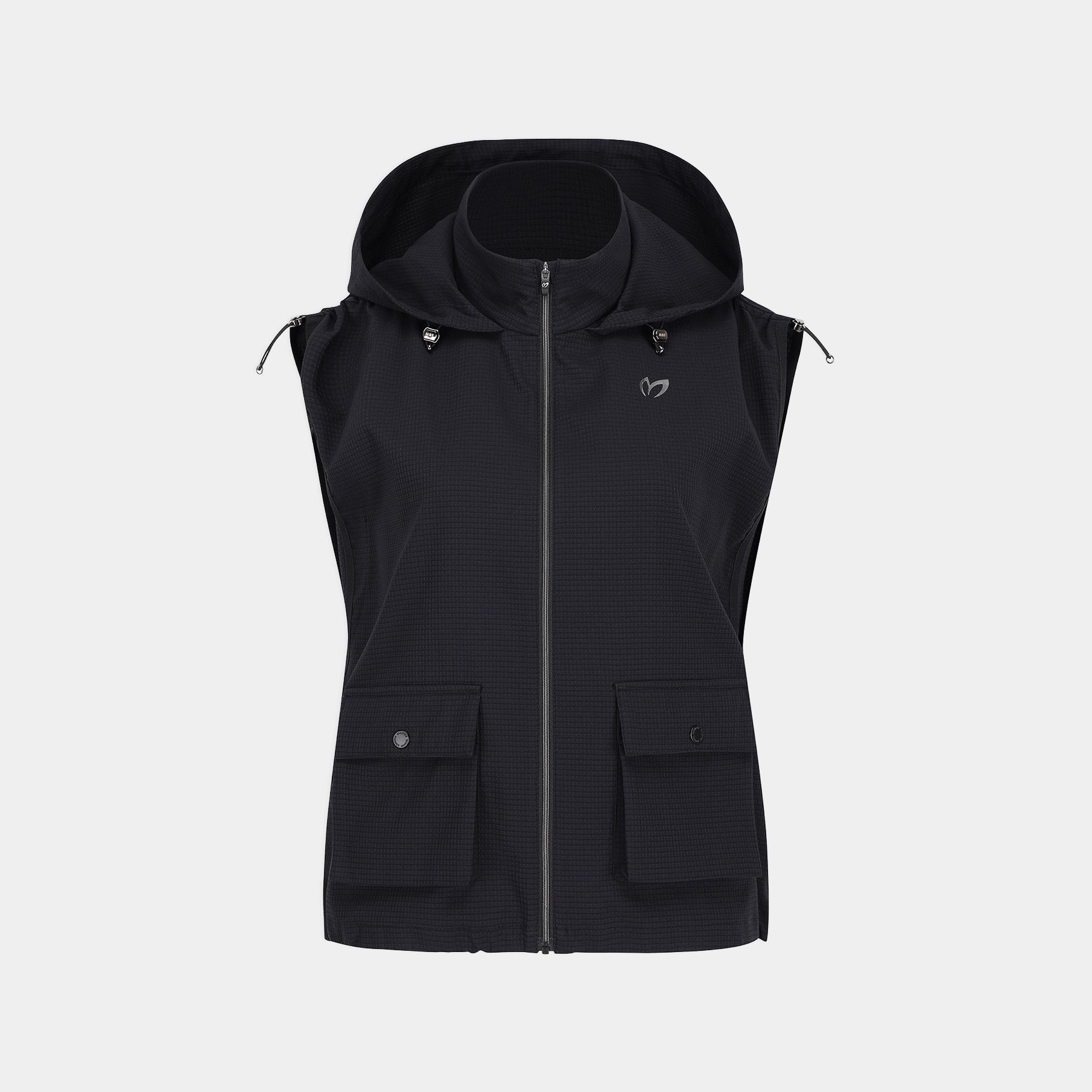 A black hooded sleeveless zip-front vest with two front flap pockets, shown on a light gray background.