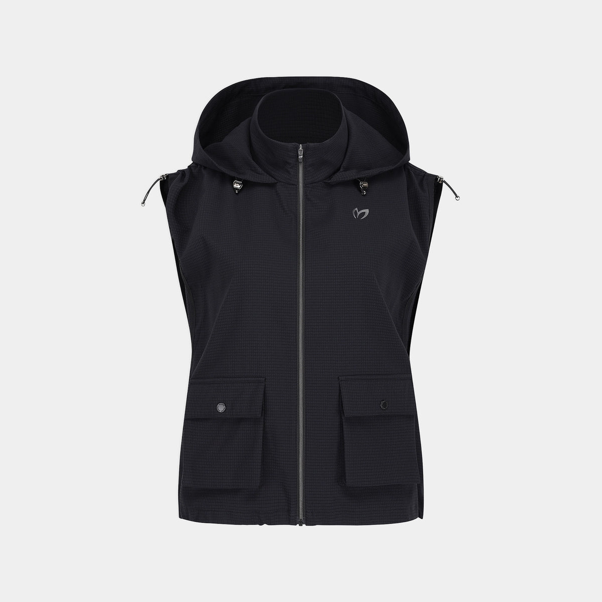A black hooded sleeveless zip-front vest with two front flap pockets, shown on a light gray background.