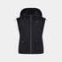 A black hooded sleeveless zip-front vest with two front flap pockets, shown on a light gray background.