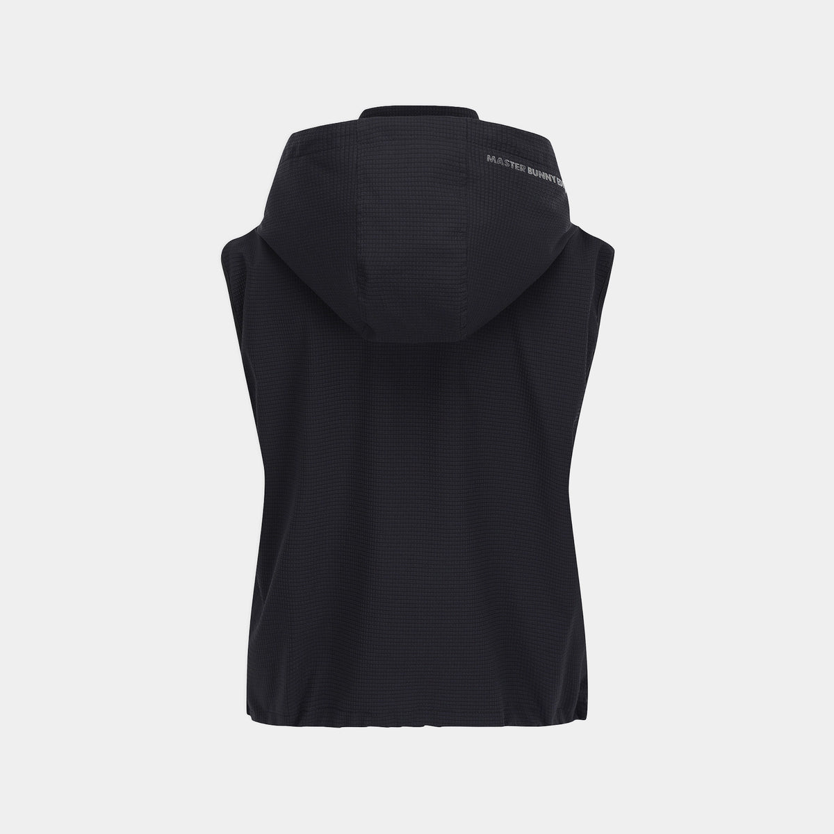 Black sleeveless hooded vest shown from the back on a light gray background, featuring a subtle textured pattern and small white text on the upper back.