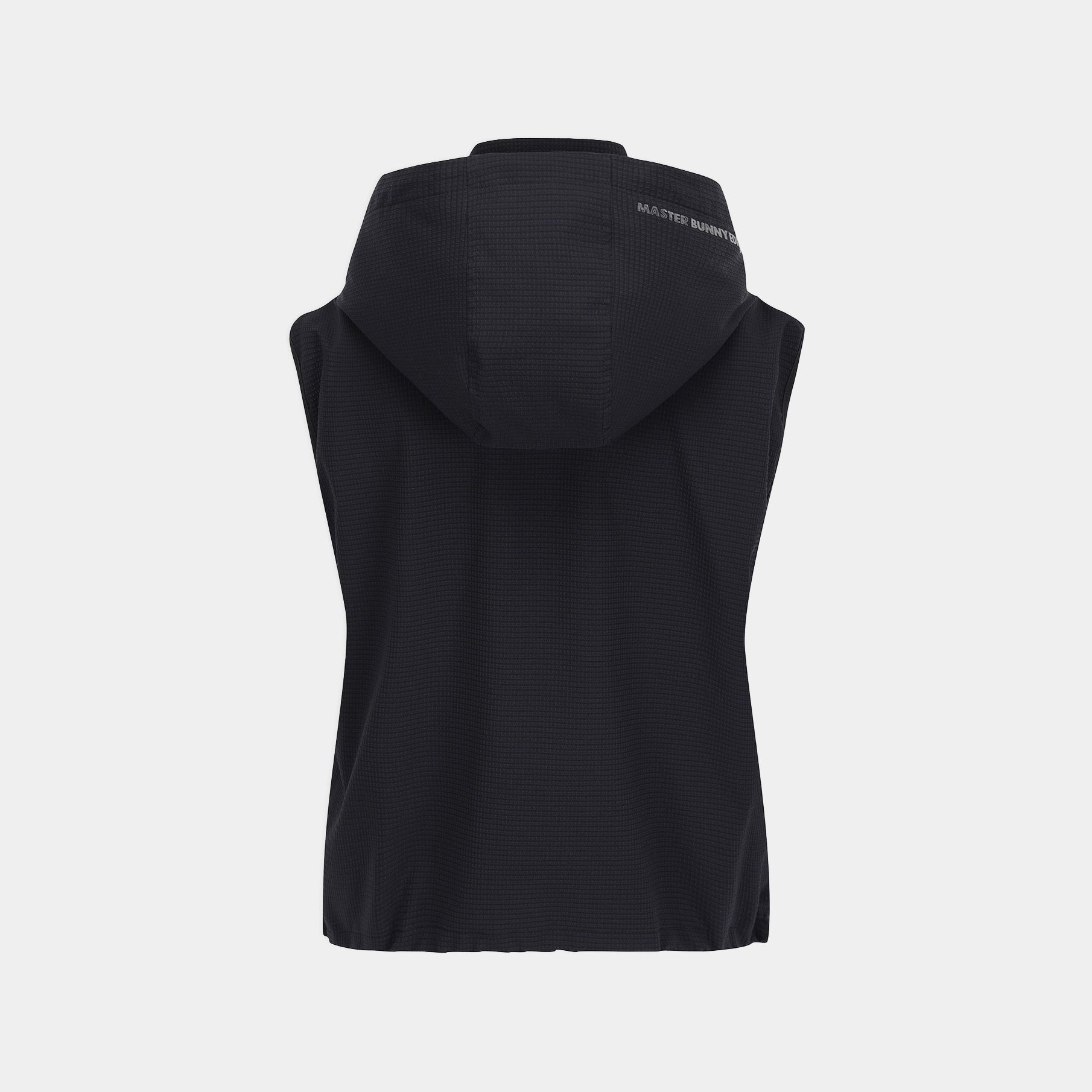 Black sleeveless hooded vest shown from the back on a light gray background, featuring a subtle textured pattern and small white text on the upper back.