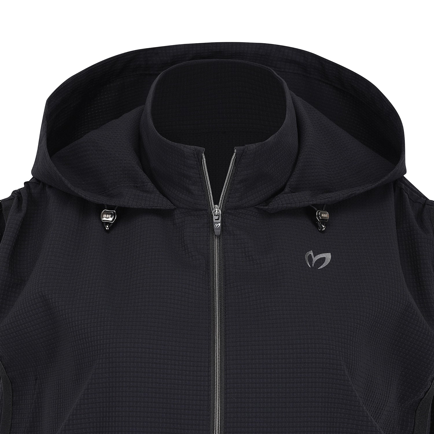 A close-up of a black hooded jacket with a full front zipper and a small white logo on the left chest, shown against a plain white background.