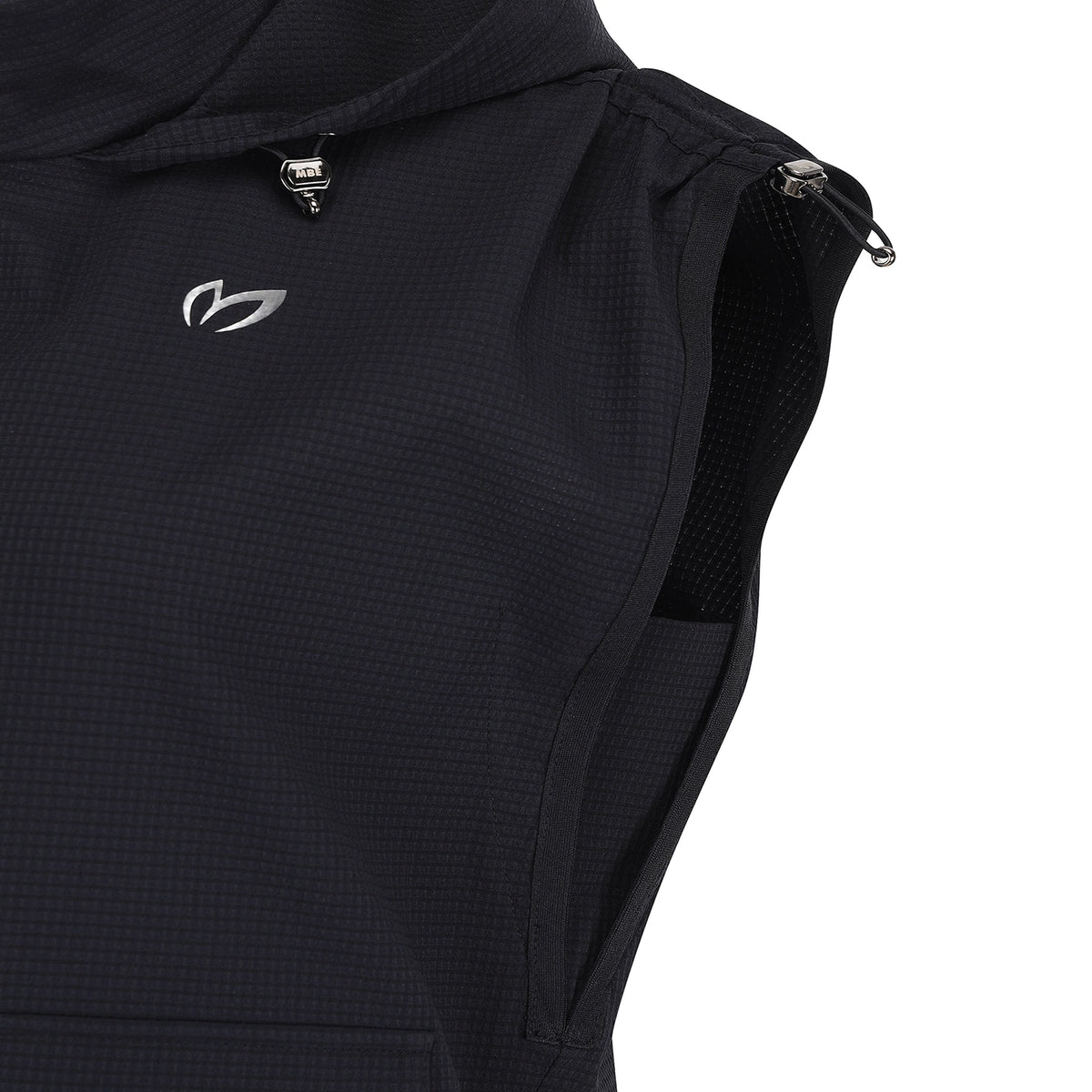 Close-up of a black sleeveless hooded vest with a subtle grid texture, a silver abstract logo on the chest, and a mesh pocket detail on the shoulder, set against a plain white background.