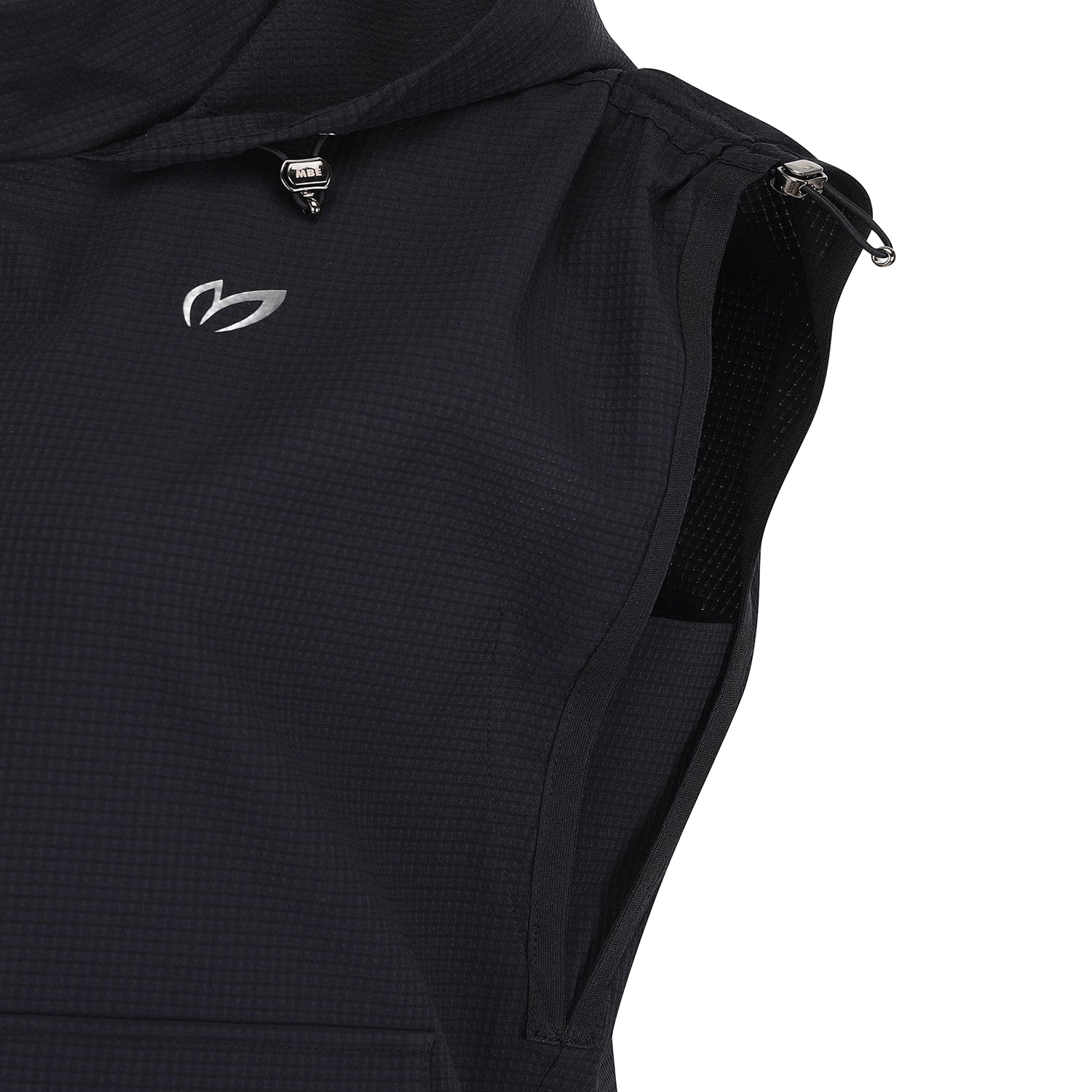 Close-up of a black sleeveless hooded vest with a subtle grid texture, a silver abstract logo on the chest, and a mesh pocket detail on the shoulder, set against a plain white background.