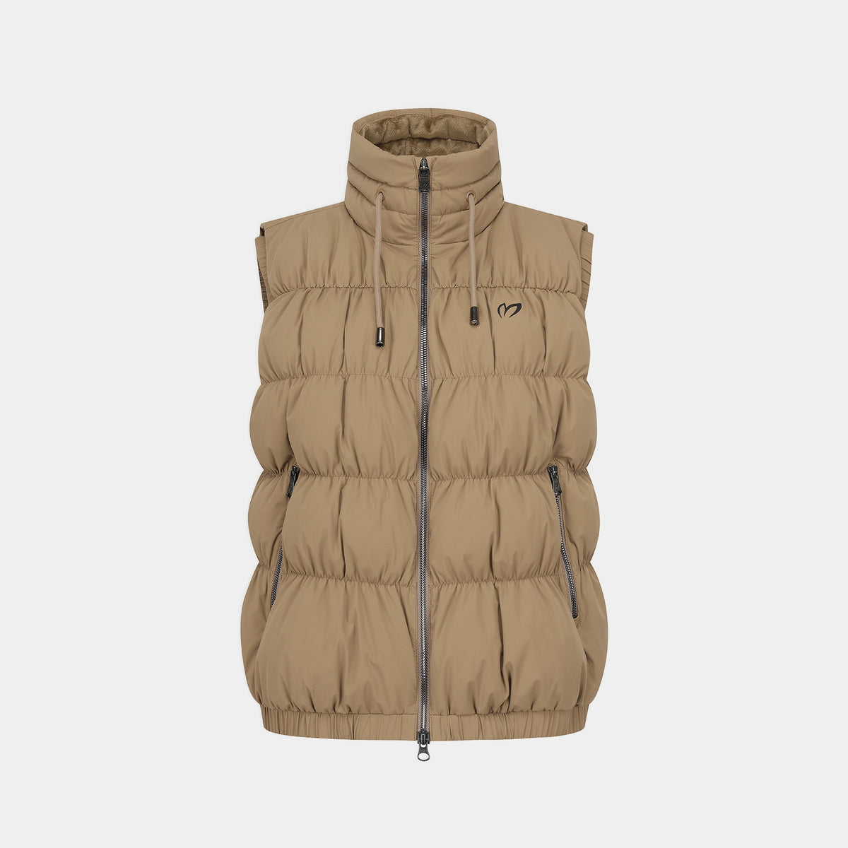 A sleeveless, quilted puffer vest in a warm tan/khaki color, featuring a high stand-up collar, a full-length front zipper, and a small black logo on the left chest, displayed against a solid light gray background.