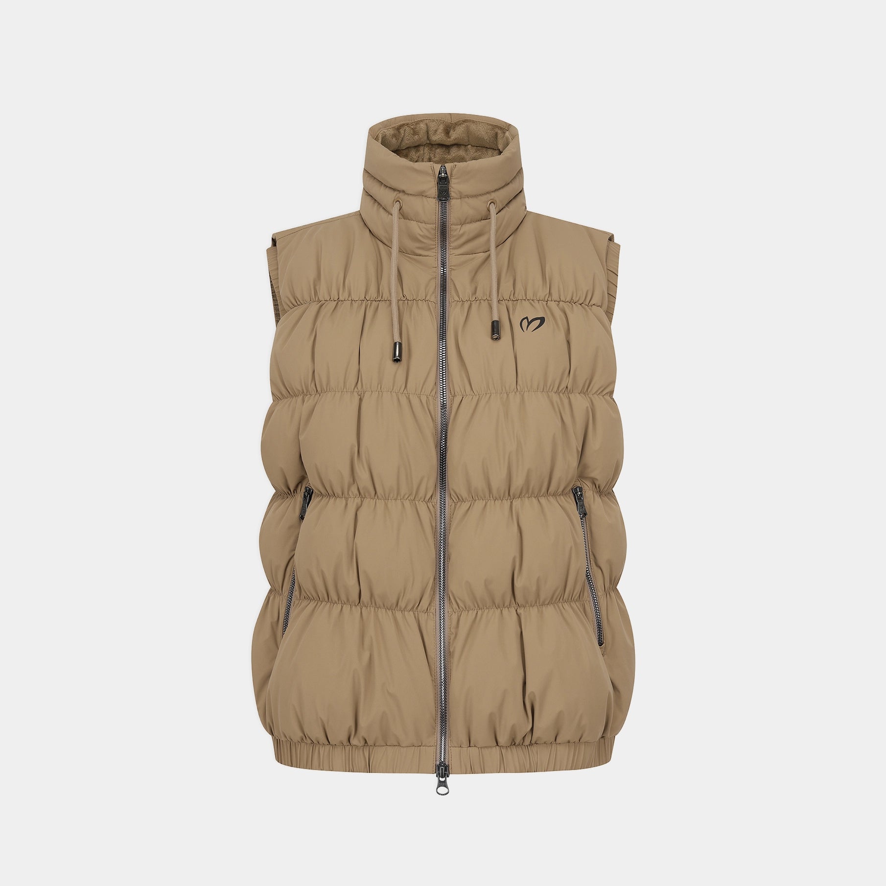 A sleeveless, quilted puffer vest in a warm tan/khaki color, featuring a high stand-up collar, a full-length front zipper, and a small black logo on the left chest, displayed against a solid light gray background.