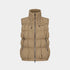 A sleeveless, quilted puffer vest in a warm tan/khaki color, featuring a high stand-up collar, a full-length front zipper, and a small black logo on the left chest, displayed against a solid light gray background.