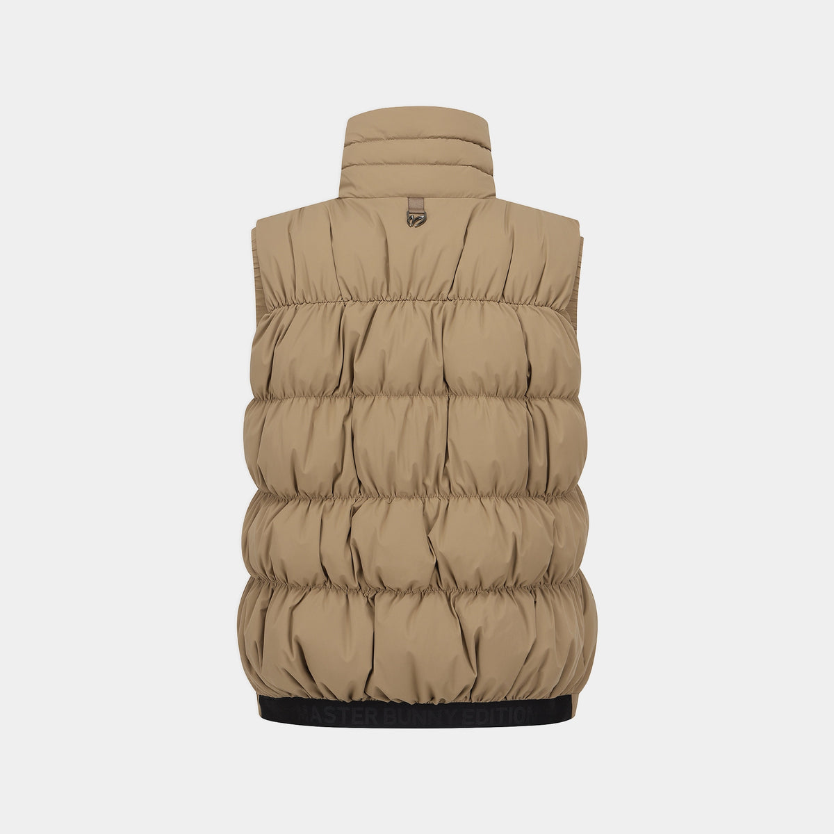 A sleeveless, high-collar puffer vest in a warm tan/khaki color, shown from the back against a light gray background.
