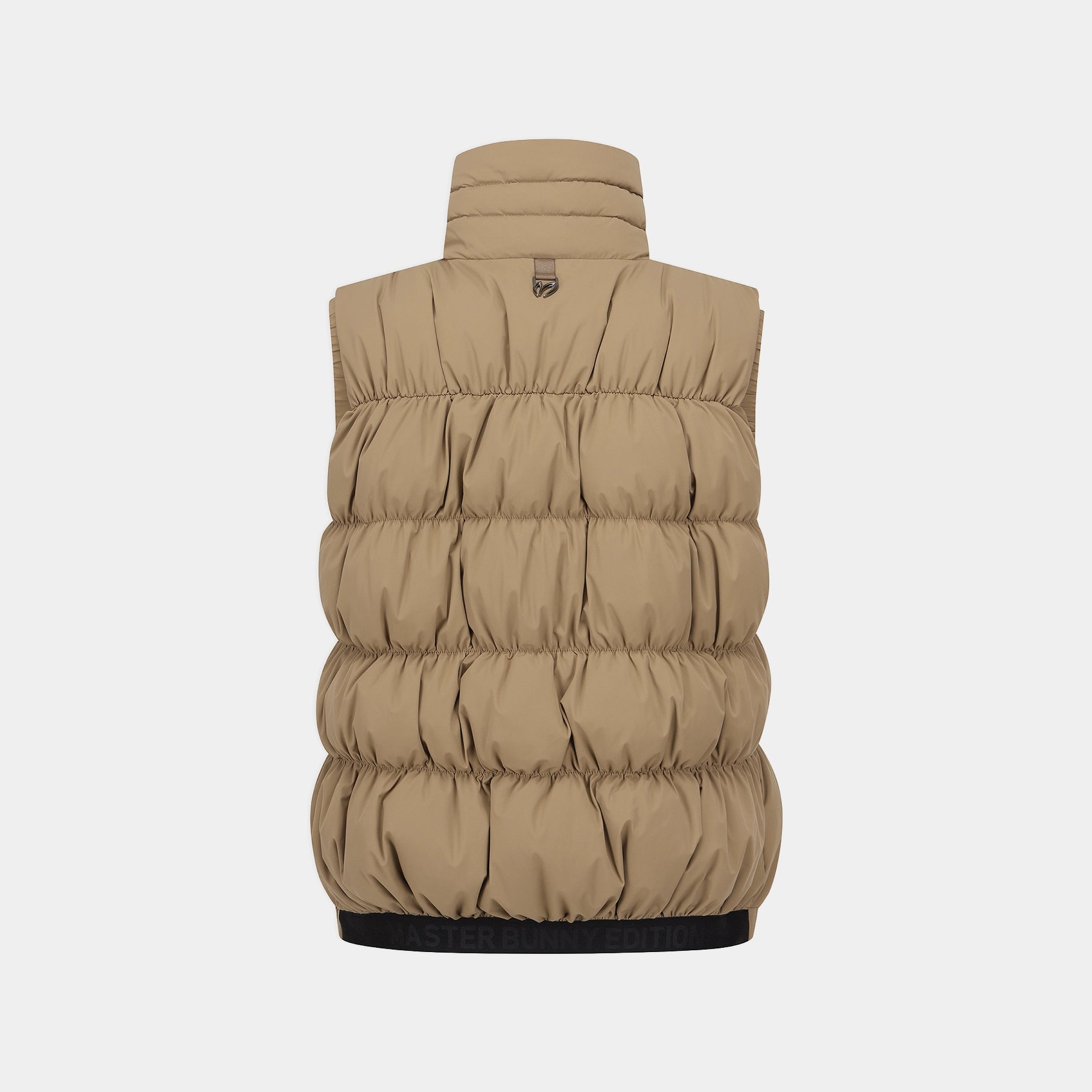 A sleeveless, high-collar puffer vest in a warm tan/khaki color, shown from the back against a light gray background.