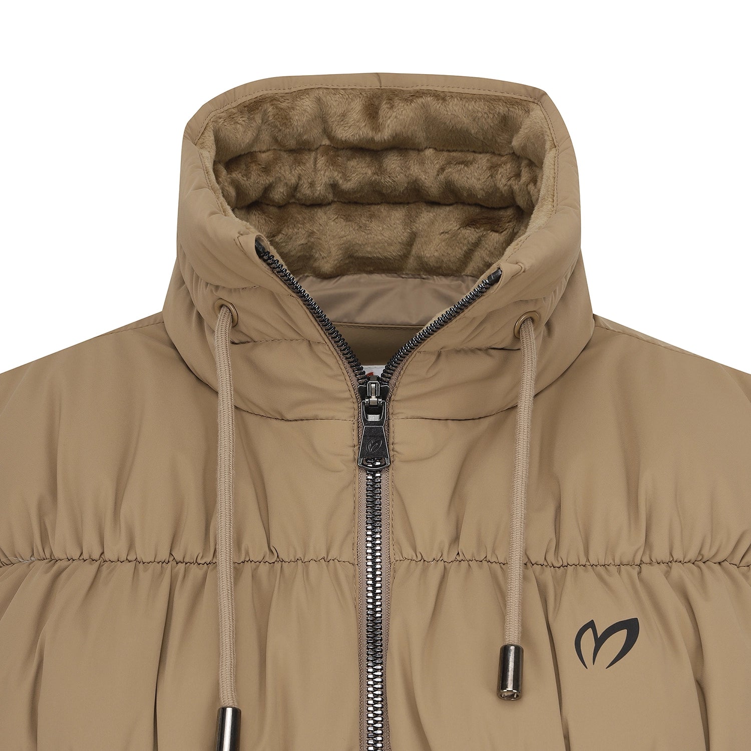 Close-up of a tan hooded puffer jacket with a plush brown fleece lining, front zipper, drawstrings, and a small black logo on the chest.