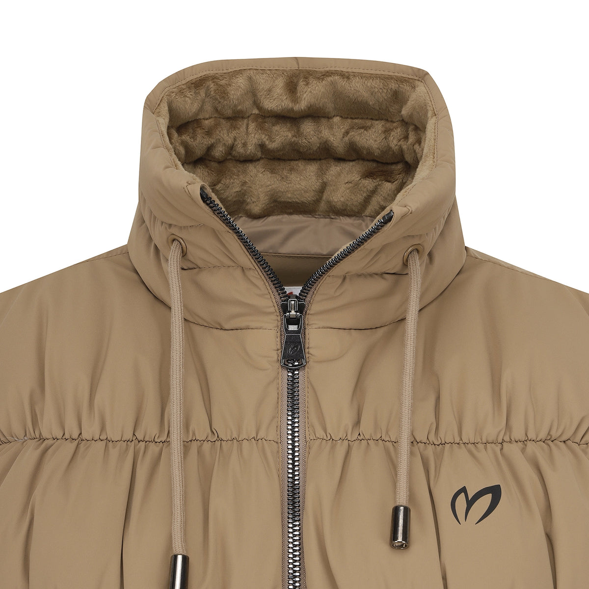Close-up of a tan hooded puffer jacket with a plush brown fleece lining, front zipper, drawstrings, and a small black logo on the chest.