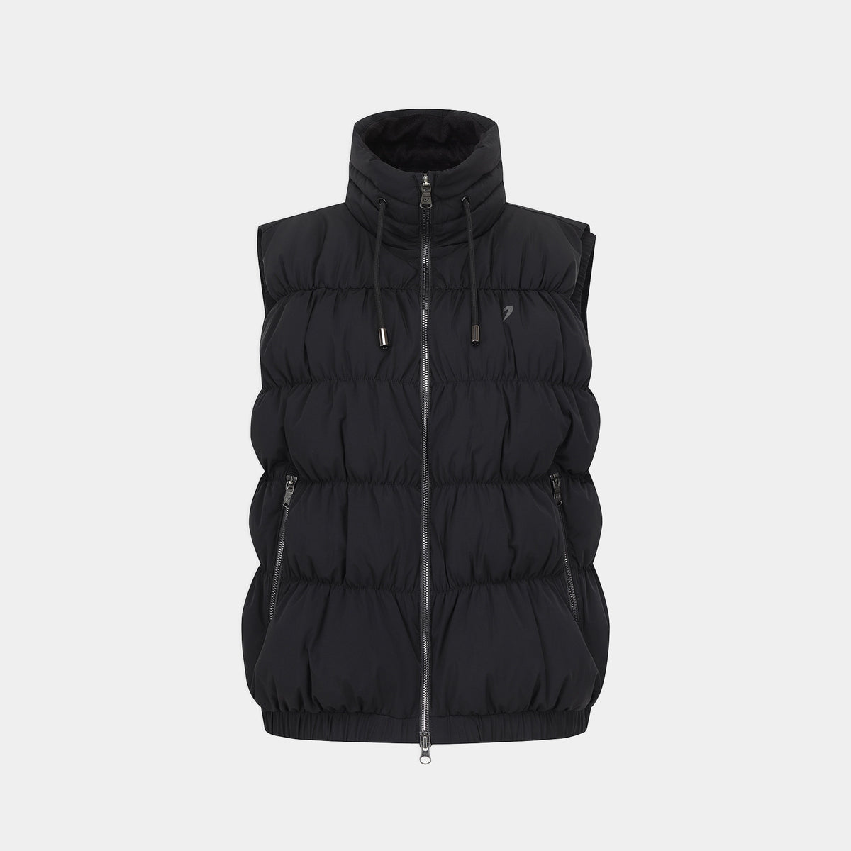 A black sleeveless puffer vest with a high collar, front zipper, and drawstrings, shown against a light gray background.