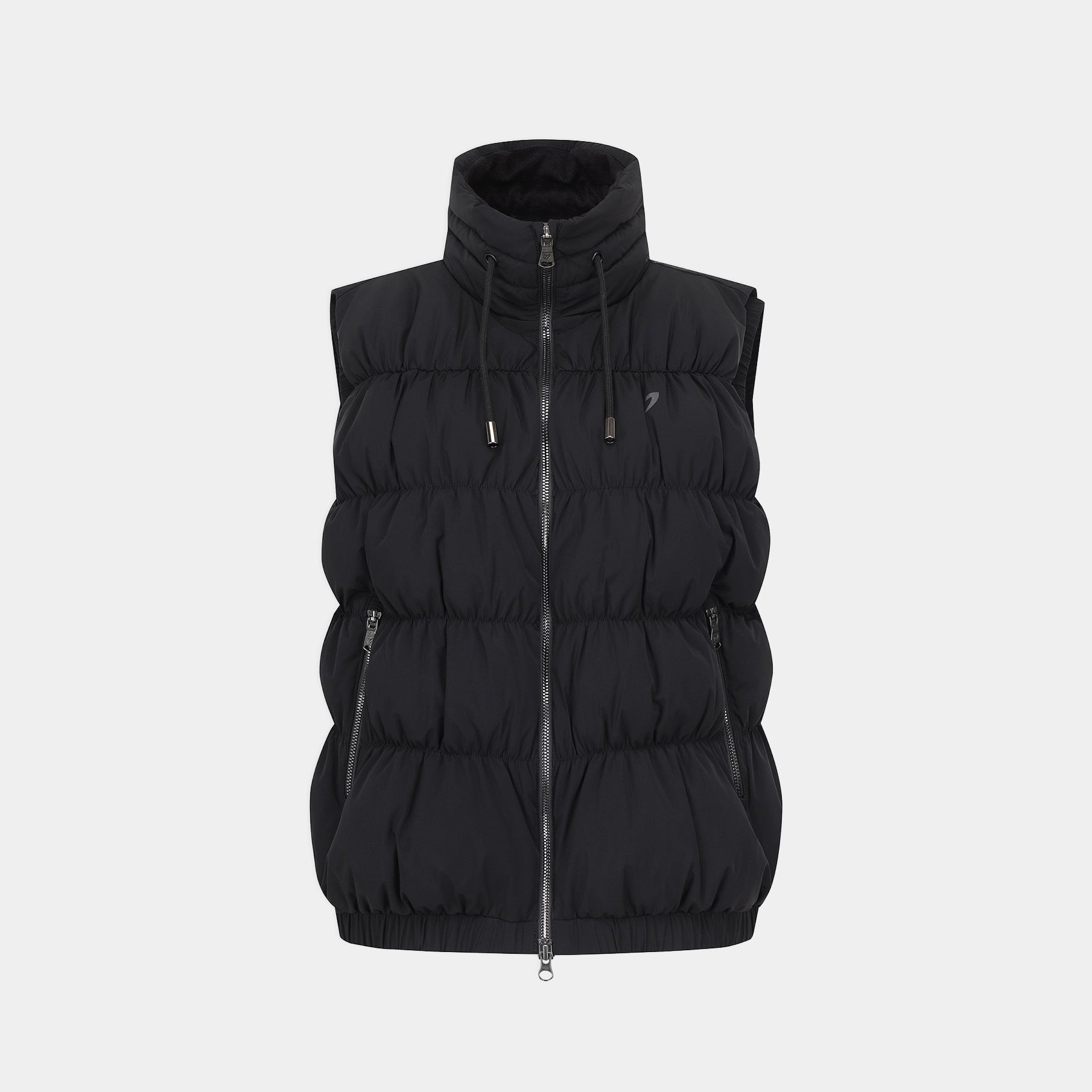 A black sleeveless puffer vest with a high collar, front zipper, and drawstrings, shown against a light gray background.