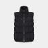 A black sleeveless puffer vest with a high collar, front zipper, and drawstrings, shown against a light gray background.