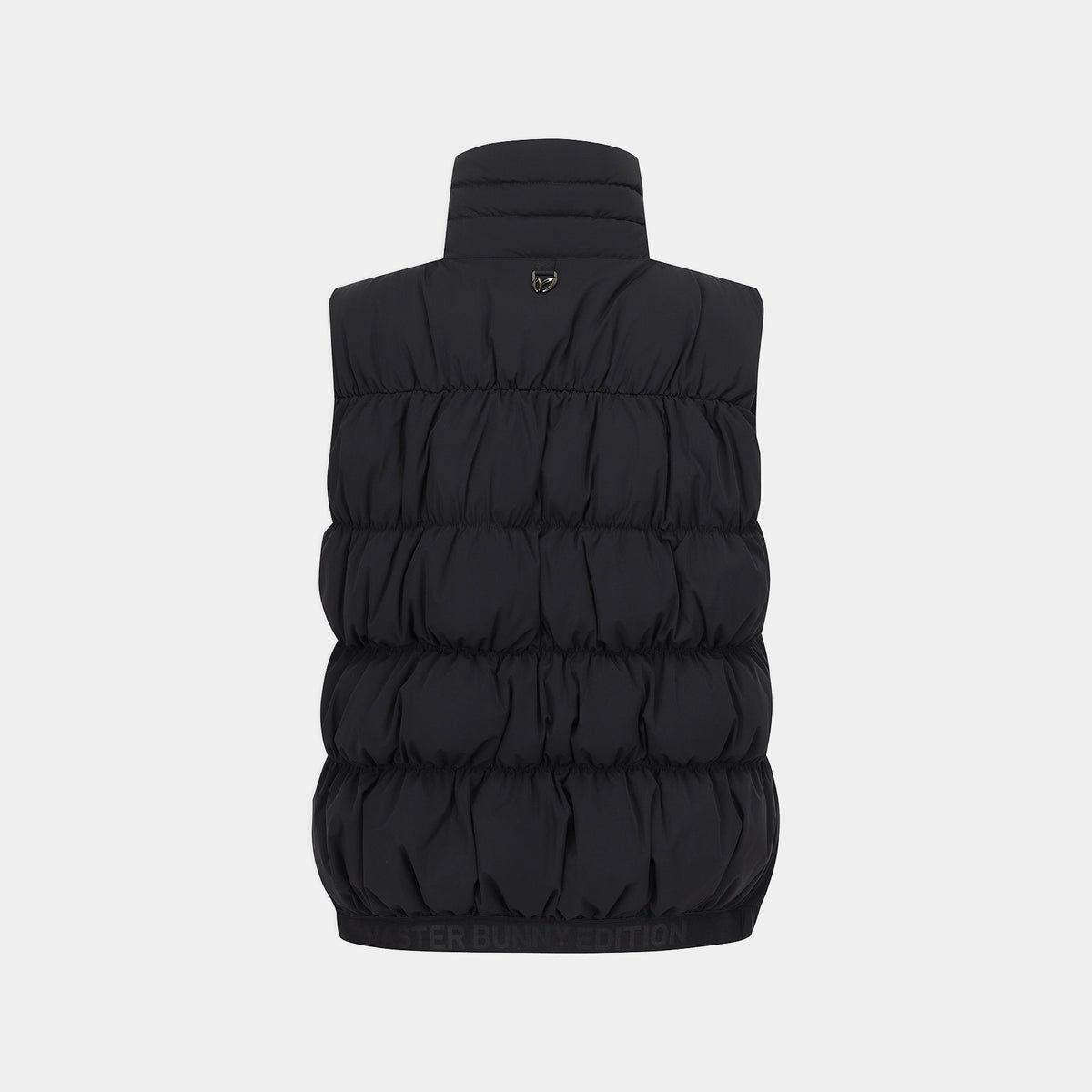 A black sleeveless puffer vest with horizontal quilting and a high mock neck, shown from the back on a light gray background.