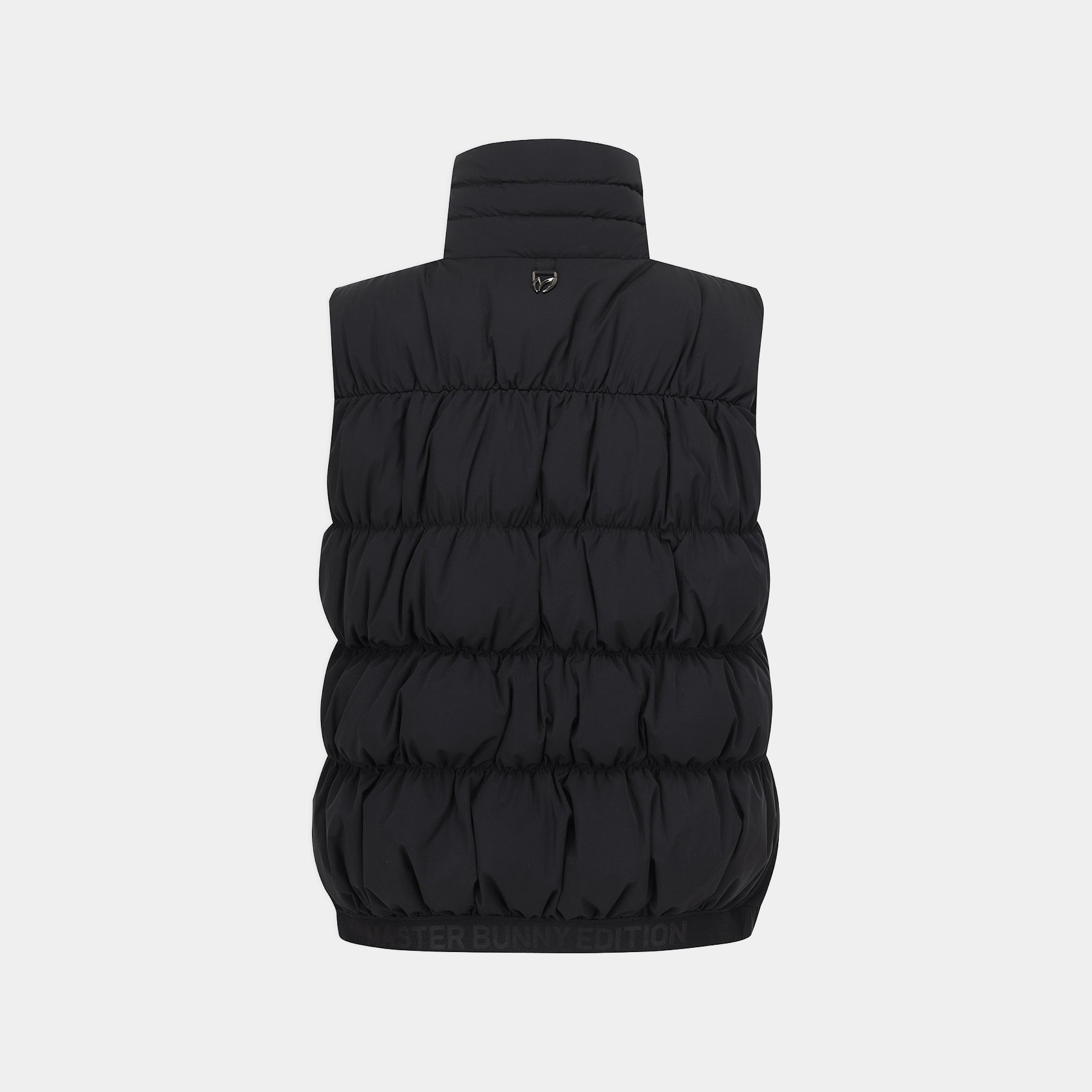 A black sleeveless puffer vest with horizontal quilting and a high mock neck, shown from the back on a light gray background.