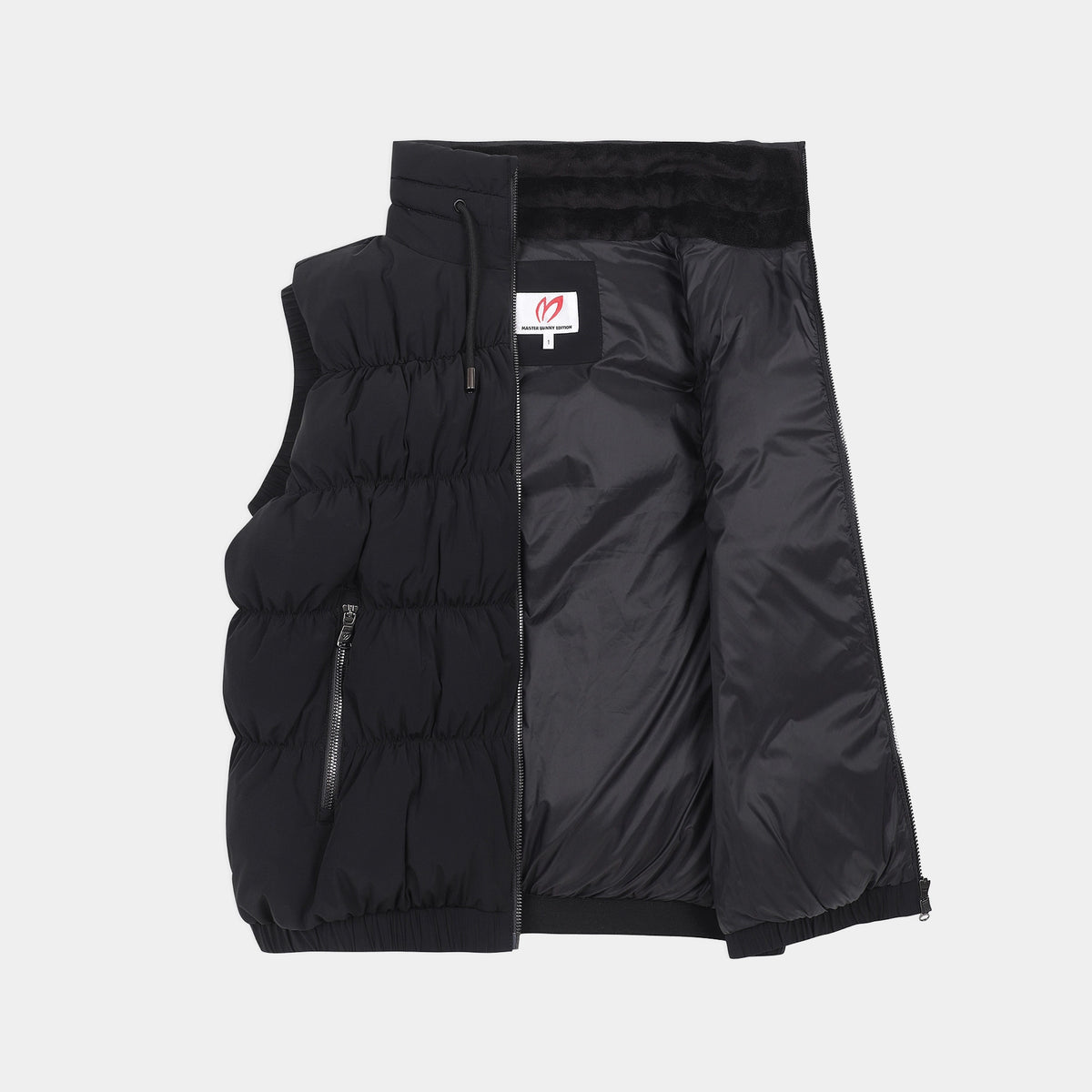 A black puffer vest shown open against a light gray background, displaying its quilted exterior and shiny black interior lining.