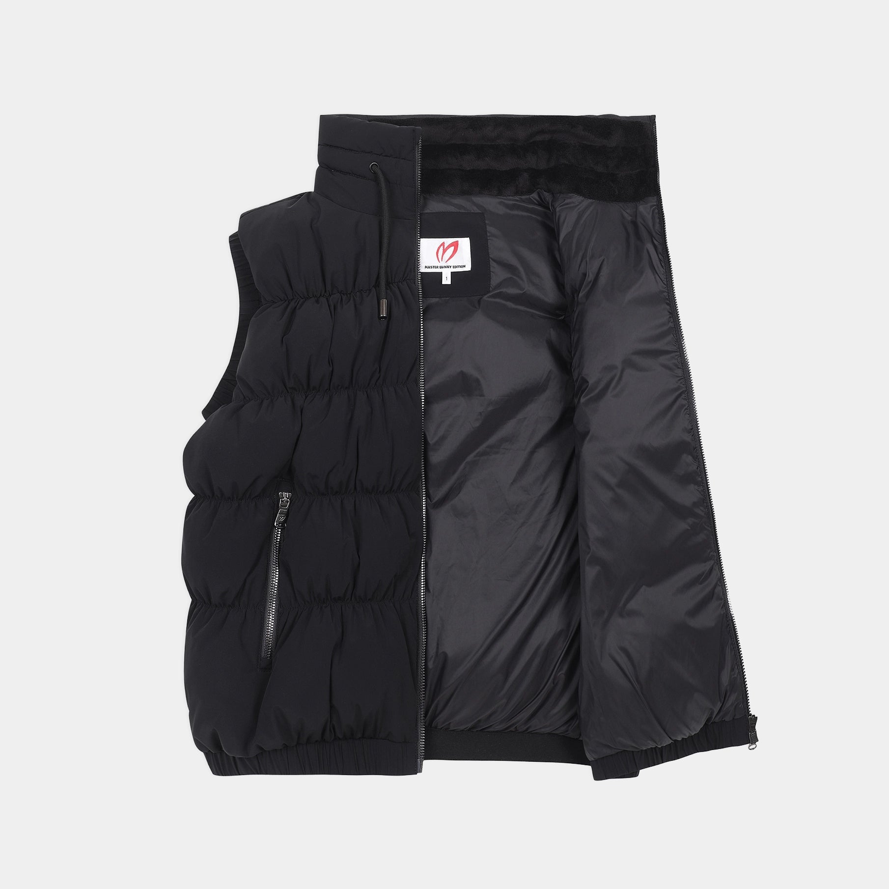 A black puffer vest shown open against a light gray background, displaying its quilted exterior and shiny black interior lining.