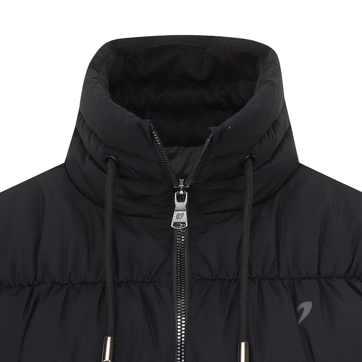 Close-up of a black hooded puffer jacket with a high collar, black drawstrings, a front zipper, and a small gray logo on the chest, shown against a white background.