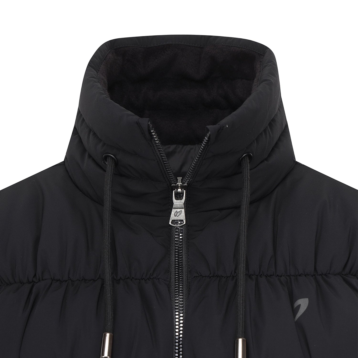 Close-up of a black hooded puffer jacket with a high collar, black drawstrings, a front zipper, and a small gray logo on the chest, shown against a white background.