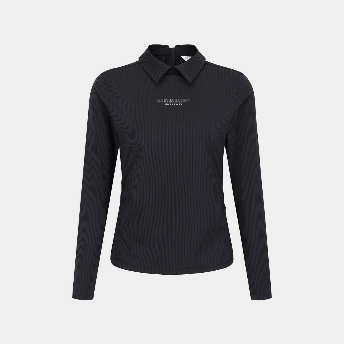 A black long-sleeve collared top with a subtle vertical rib texture and small white embroidered text on the left chest, displayed on a light gray background.