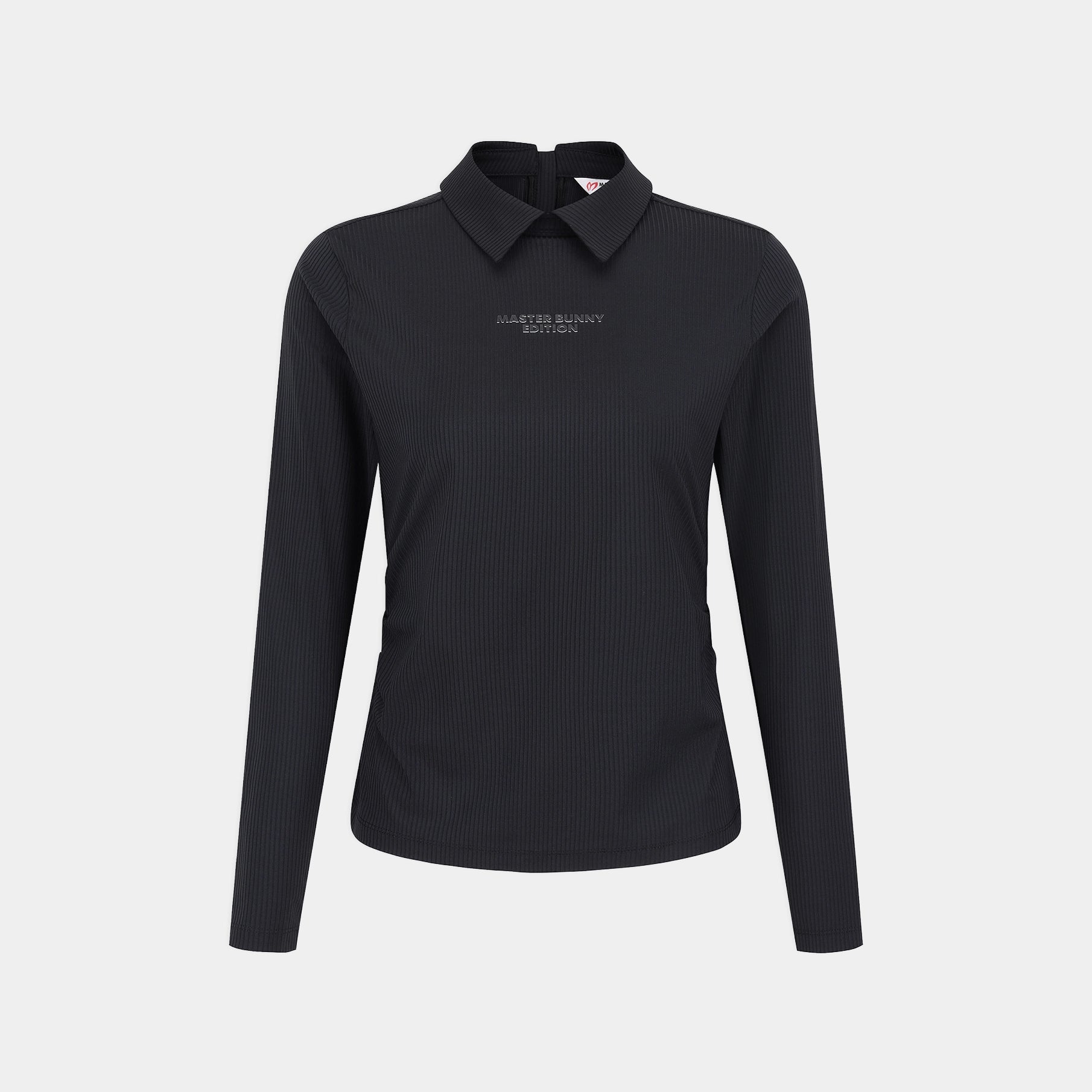 A black long-sleeve collared top with a subtle vertical rib texture and small white embroidered text on the left chest, displayed on a light gray background.