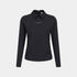 A black long-sleeve collared top with a subtle vertical rib texture and small white embroidered text on the left chest, displayed on a light gray background.