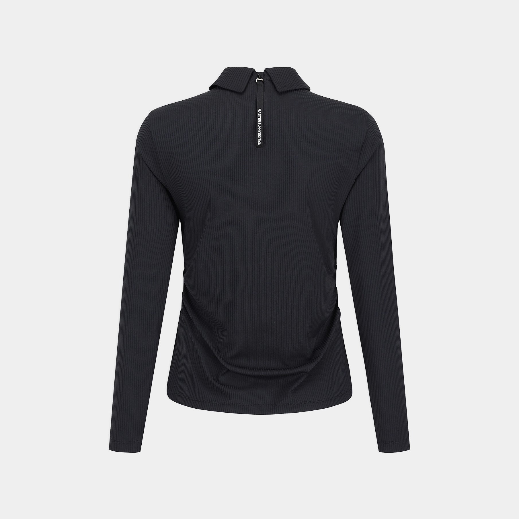 A black long-sleeve quarter-zip pullover with a ribbed texture, shown from the back on a light gray background.
