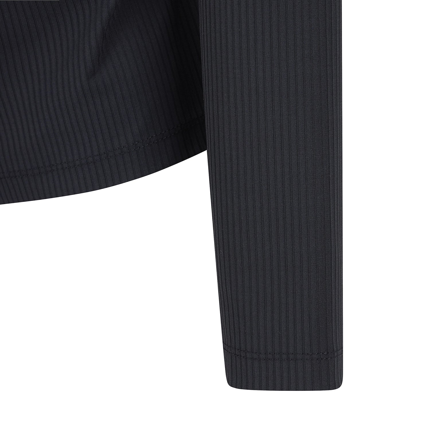 Close-up detail of a dark charcoal ribbed knit garment, showing the sleeve cuff and curved hem stitching against a plain white background.