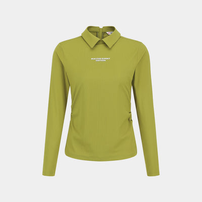 A long-sleeve collared athletic top in olive green with a small white printed logo on the left chest, displayed on a light gray background.
