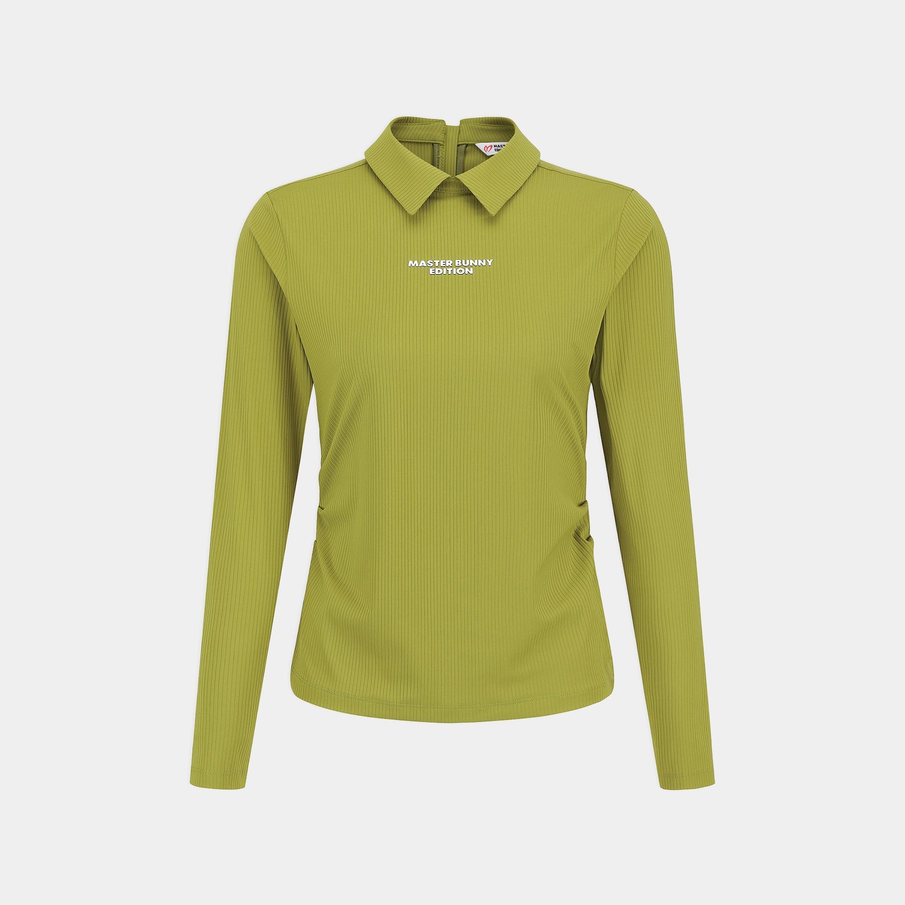 A long-sleeve collared athletic top in olive green with a small white printed logo on the left chest, displayed on a light gray background.