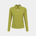 A long-sleeve collared athletic top in olive green with a small white printed logo on the left chest, displayed on a light gray background.