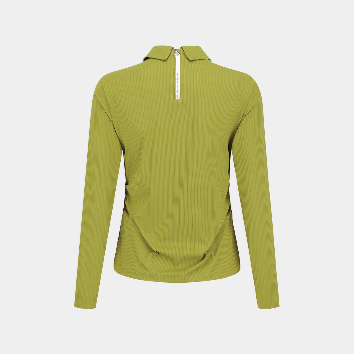 A long-sleeve ribbed knit top shown from the back, featuring a half-zip collar and a vertical white zipper pull with black text, displayed on a light gray background.