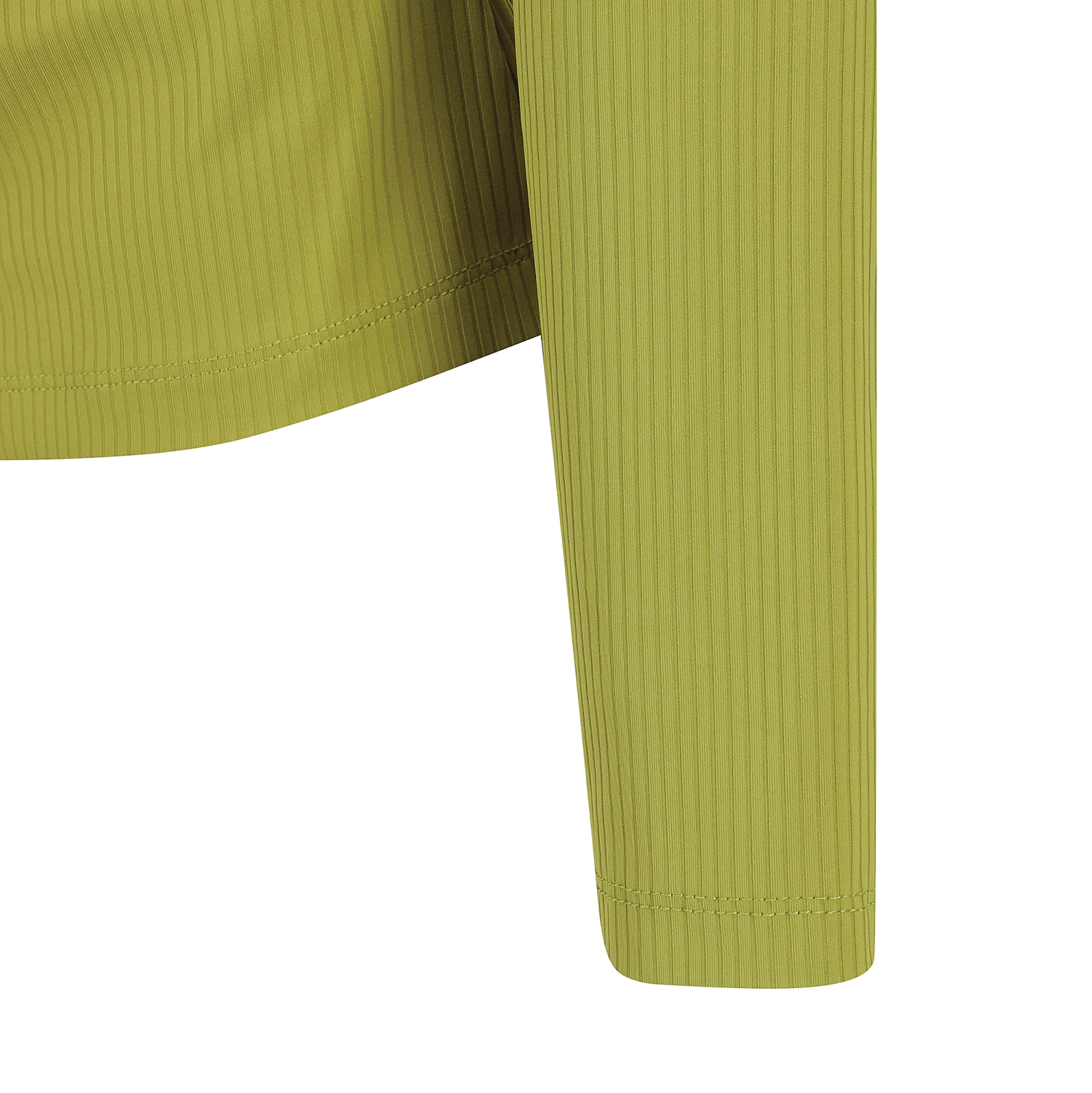 Close-up detail of a ribbed olive green garment sleeve and hem, showing the fabric texture and stitching against a plain white background.