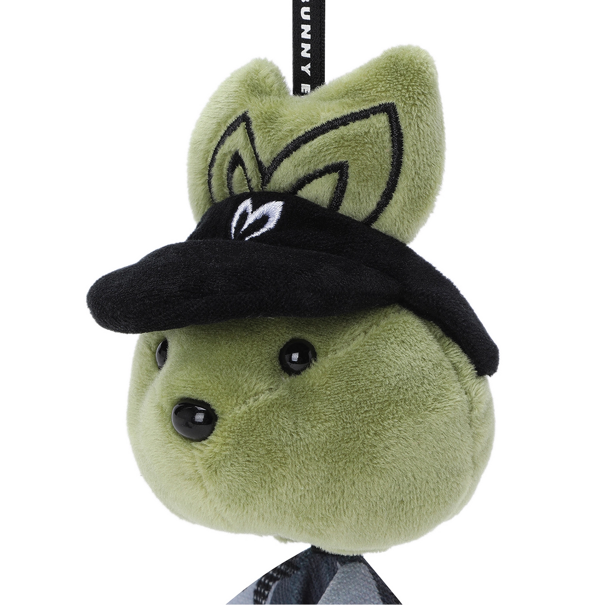 A plush toy shaped like a green bunny head wearing a black visor hat with a white embroidered logo, shown against a plain white background.