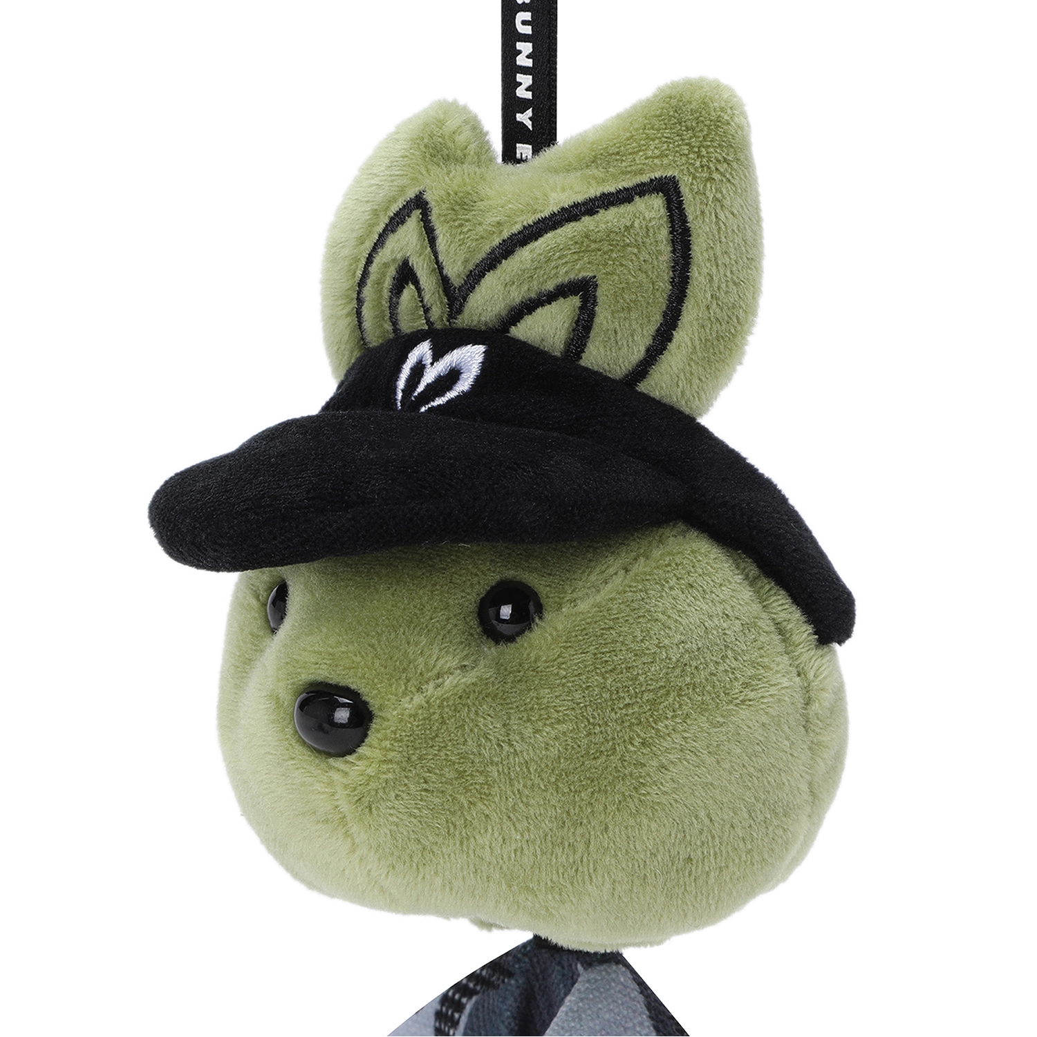 A plush toy shaped like a green bunny head wearing a black visor hat with a white embroidered logo, shown against a plain white background.