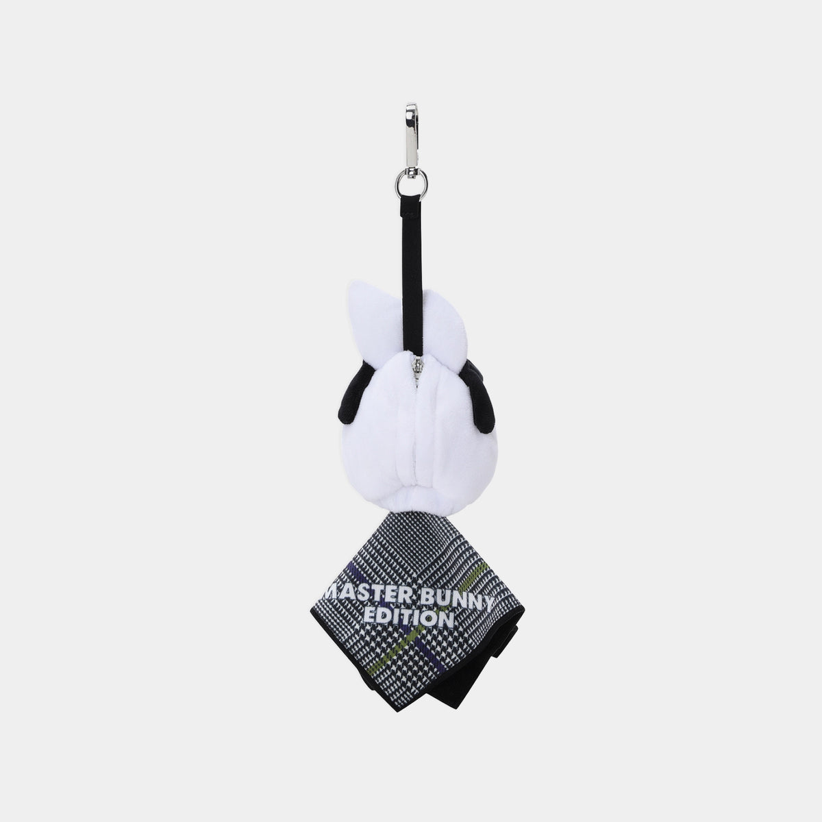 A plush keychain or bag charm shaped like a white bunny wearing a black and white patterned necktie with the text 'MASTER BUNNY EDITION' printed on it, attached to a black strap and silver metal clasp, shown against a light gray background.