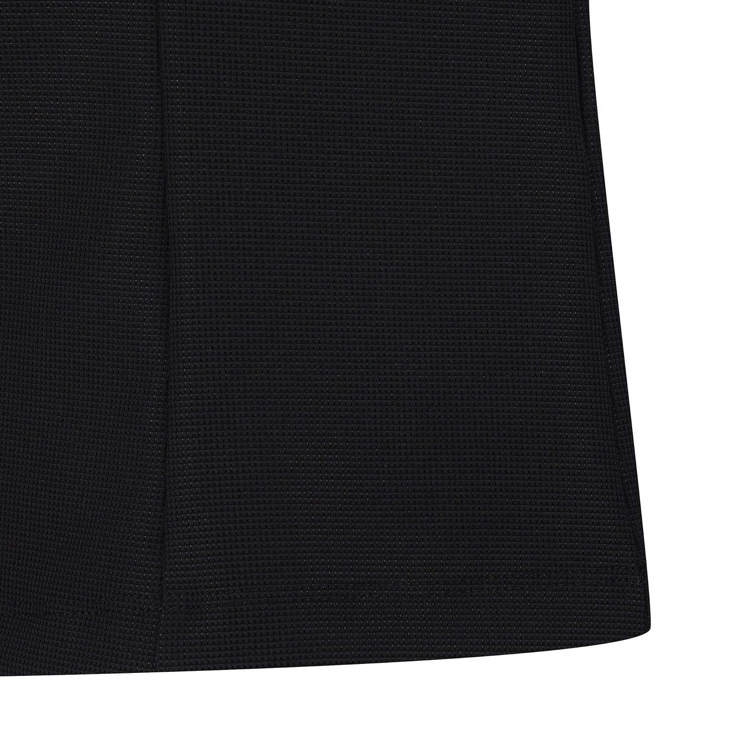 Close-up of a black textured fabric with a fine woven pattern and a curved hem, shown against a white background.