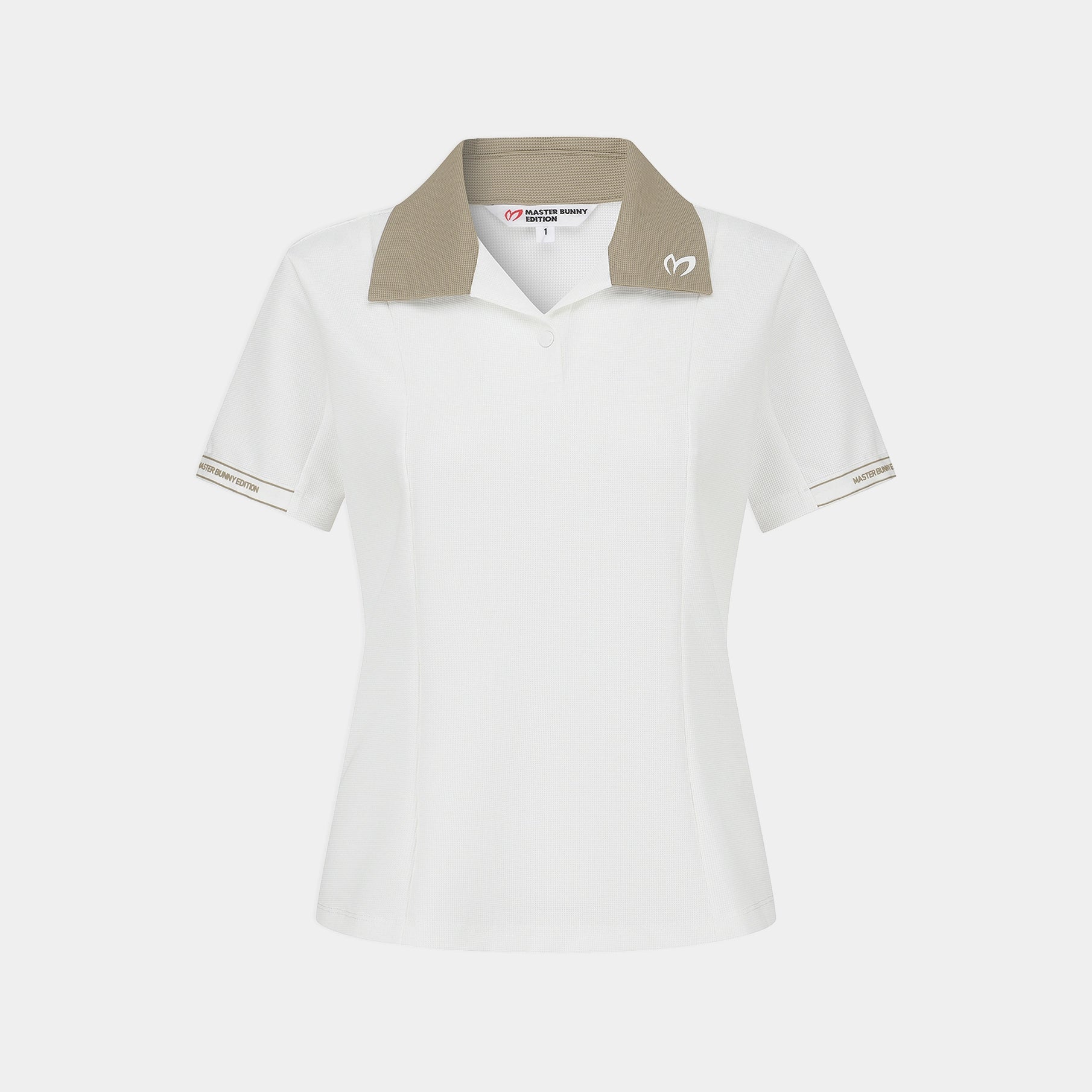 A women's short-sleeve polo shirt in white with a contrasting beige collar and matching beige sleeve trim, shown on a light gray background.