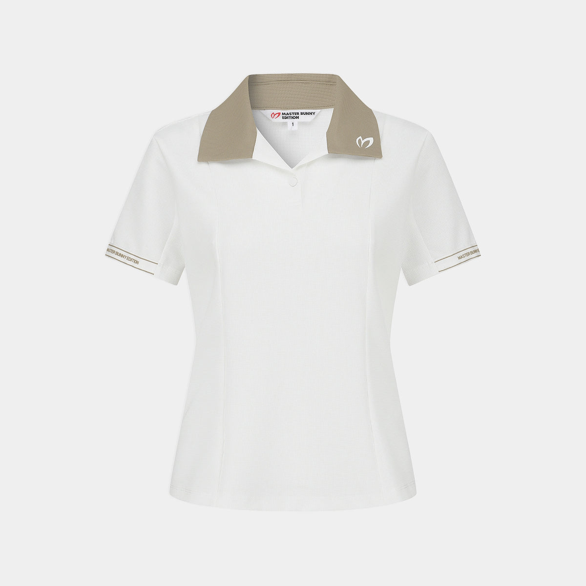 A women's short-sleeve polo shirt in white with a contrasting beige collar and matching beige sleeve trim, shown on a light gray background.