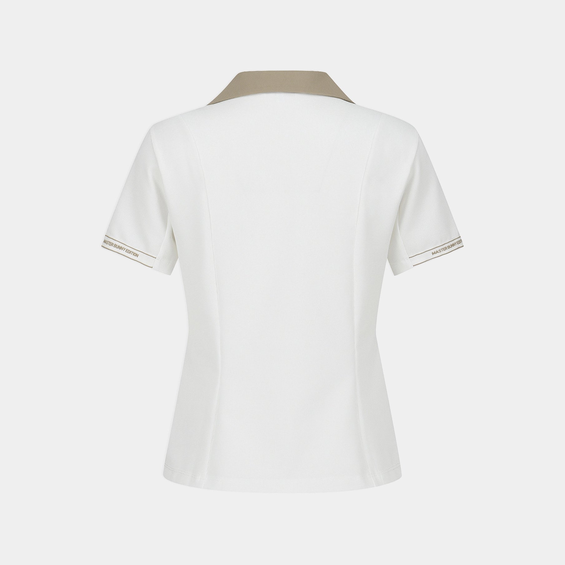 A white short-sleeve blazer shown from the back, featuring a contrasting beige collar and thin beige stripe detailing on the sleeve cuffs.